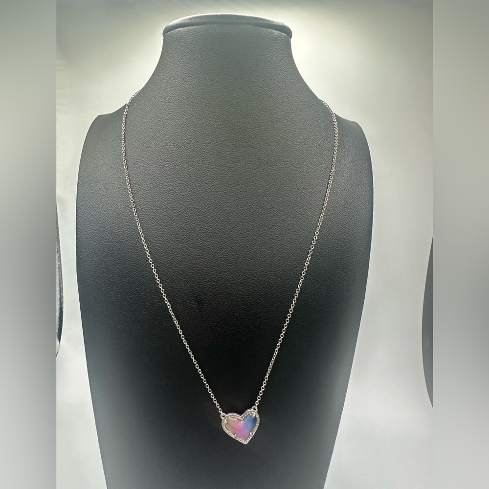 Kendra Scott Ari Heart Pendant Necklace Rainbow Iridescent Stone Silver Tone - Picture 11 of 12
